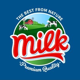 vector milk logo with cows and farm on blue background.