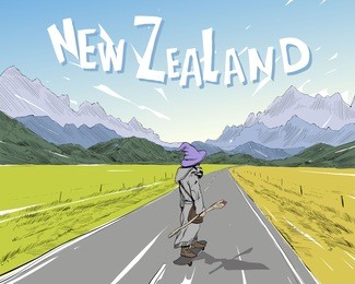 wizard is riding on skateboard on the road among the mountains. new zealand. beautiful landscape.design fashion printing for clothes. hand drawn vector illustration.