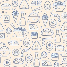 vector seamless pattern with japanese cuisine like sushi, rice, rolls and fish. blue icons on beige background. smiling faces, kawaii in line art.