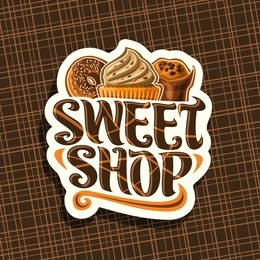 vector logo for sweet shop, cut paper sign with french doughnut, cupcake with coffee cream and wrapped muffin with chocolate chips, original brush typeface for words sweet shop, label for patisserie.