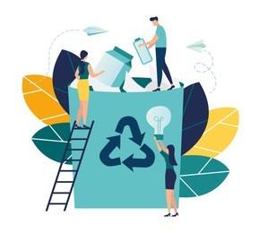 vector creative illustration of business graphics, the employee is engaged in the processing of garbage, flat colored icons, protection of the environment, small people are throwing garbage