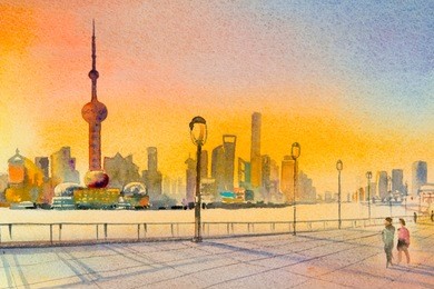 beautiful shanghai skyline, in china. huangpu river and financial district skyline in sunset ,view from suzhou river. watercolor painting landscape colorful twilight of business city, tourism famous t