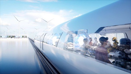 people and robots. sci fi station. futuristic monorail transport. concept of future. 3d rendering.