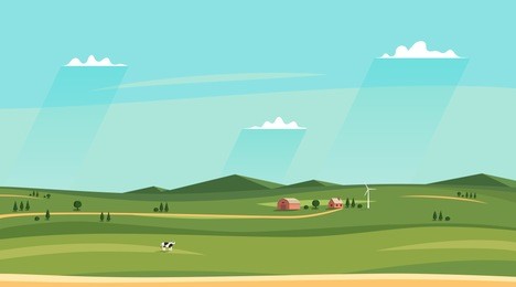 summer counryside landscape. horizontal rural sideview landscape. fields and farm house, sky with clouds. vector illustration.