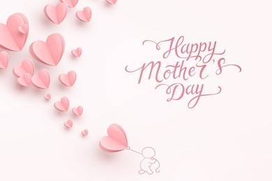 mother postcard with paper flying elements, man and balloon on pink background. vector symbols of love in shape of heart for happy mother's day greeting card design.