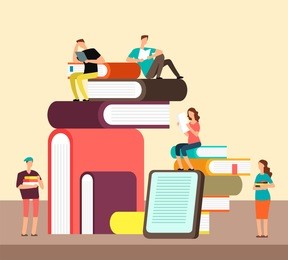 man and woman reading books. people and book creative idea cartoon flat concept. book festival vector poster. man and woman read book, people study illustration