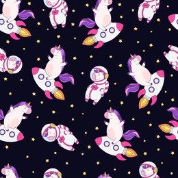 seamless vector pattern, background, wallpaper with funny unicorns. cute unicorn on rocket, in spacesuit.