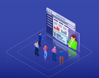 online training, workshops and courses visualization flat 3d web isometric infographic concept template. people look at the screen and listen to the coach. raster image