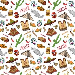 mexico seamless pattern doodle elements, hand drawn sketch mexican traditional sombrero hat, boots, poncho, cactus and tequila bottle, map of mexico, burrito, skull. illustration background.