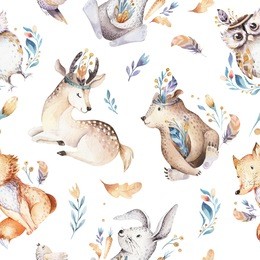baby animals nursery isolated seamless pattern with bannies. watercolor boho cute baby fox, deer animal rabbit and bear isolated illustration for children. bunny image