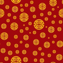 seamless vector pattern in asian style; the chinese symbol of wealth and prosperity in career. gold on red. vector color background.