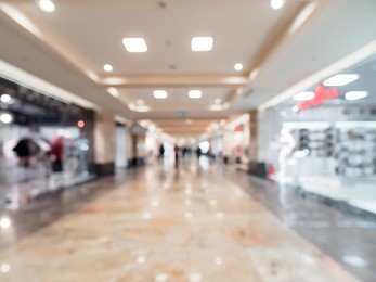 shopping mall blur background with bokeh. blurred hall of shopping mall with customers as background. copy space