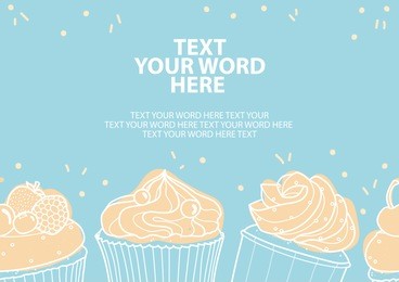 3 styles of cupcakes in white outline and pastel pink plane on blue background and space for text. poster or background design in vector illustration.