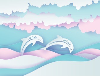 paper sea waves and couple of dolphins. paper cut deep style vector. marine wildlife. origami style with wavy lines, bubbles, fluffy clouds in pastel colors