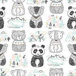 teddy bears and animal habitat vector seamless pattern. scandinavian style background for kids with hand drawn doodle cute baby panda, polar bear, grizzly, brown bear. cartoon tribal animals