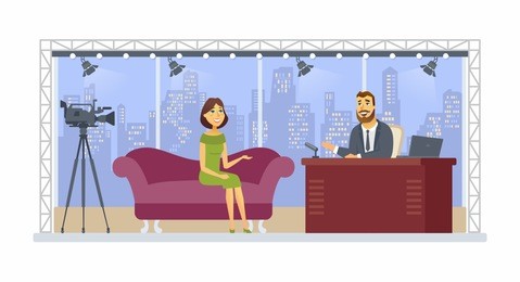 entertainment talk show - cartoon people character isolated illustration on white background. a young smiling presenter interviewing a pretty girl, woman in a studio with an urban view