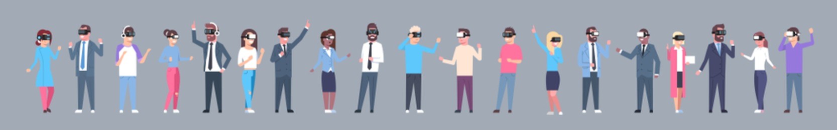 set of business people wearing modern virtual reality glasses 3d headset technology concept horizontal banner