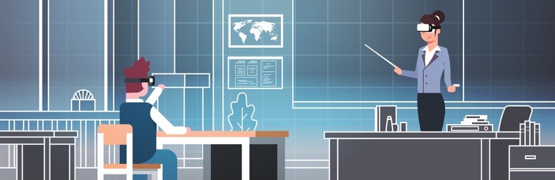 lesson in virtual reality school with students and teacher wearing 3d vr glasses