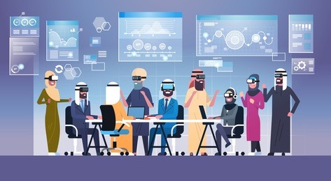 business people group wearing vr headset during brainstorming, team in 3d glasses on meeting virtual reality technology concept