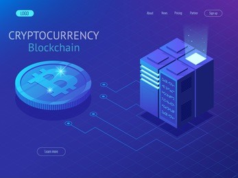 cryptocurrency and blockchain isometric composition. big data processing, energy station of future, server room rack, data center