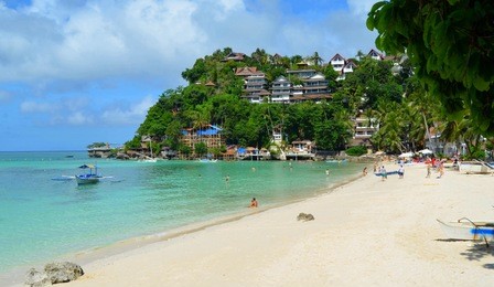 tropical sandy beach, palm trees, azure sea, boracay, philippines, diniwid beach