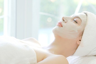 mask face spa, cheerful beautiful lady relax healthy therapy to renew close-up skin care with mud in room spa, content to facial treatment daily