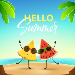 funny summer banner with fruit characters. vector illustration of cartoon watermelon and pineapple characters tropical beach. color banner with lettering.