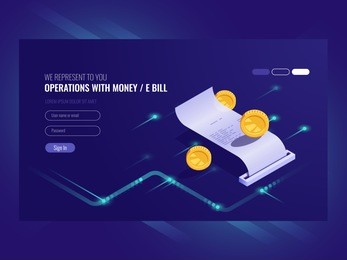operations with money, electronic bill, coin, chash transaction, payment online isometric vector ultraviolet