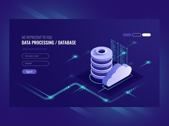 big data flow processing concept, cloud database, isometric vector, web hosting and server room icons ultraviolet