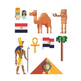 egyptian theme pixel art flat style icon set. anubis god of egypt character, pyramid with sphinx, mummy, egypt flag and camel. embroidery, sticker and logo design. 8-bit. isolated vector illustration.