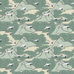 japanese art inspired seamless pattern of gliding cranes over mountains