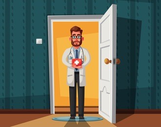 smart doctor. funny character design. cartoon illustration. healthcare concept. handsome male. cute physician person. open door. inside of home. interior of house