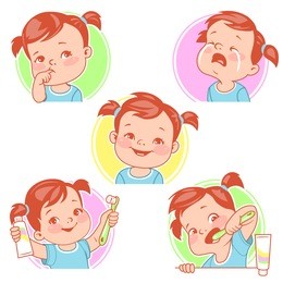 baby teeth set. little baby girl with tooth brush and toothpaste. teething. toothache. baby crying for pain. first tooth. happy baby smile. healthy teeth. first year. hygiene. vector illustration.