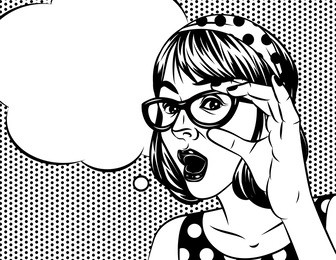 black and white poster in comic art style of pretty girl with surprised face. emotional woman holding a glasses. a woman's face with a speech bubble above dot pattern background