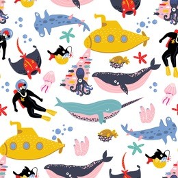 underwater creatures and objects. colored vector seamless pattern