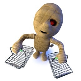 3d render of a funny cartoon egyptian mummy monster character carrying shopping baskets