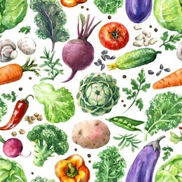 hand drawn raw food illustration. seamless pattern made with watercolor vegetables. set of organic products. cabbages, greens, cucumber, mushroom, tomato, beet, carrot on white background.
