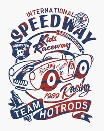vintage speedway kids roadster racing team, vector print with fabric applique for children wear grunge effect in separate layer
