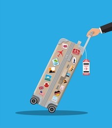 travel bag in hand. plastic case with stickers. trolley on wheels. labels of countrys and citys all over the world. baggage and luggage. vector illustration in flat style
