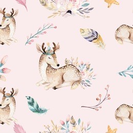 cute family baby raccon, deer and bunny. animal nursery giraffe, and bear isolated illustration. watercolor boho raccon drawing nursery seamless pattern. kids background, nursery print design