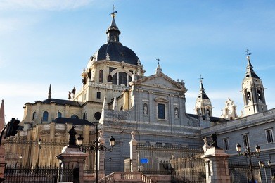 madrid, spain cityscape. almudena cathedral (catedral de la almudena) in madrid, spain.
