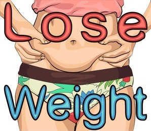 the girl clamps the fold of the belly with both hands. women with fat belly with inscription lose weight