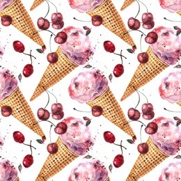 beautiful hand drawn watercolor seamless pattern cherry ice cream sketch.