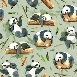 watercolor illustration on green background. seamless pattern of black and white panda, stone, green splash and leaves