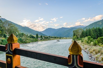 view in the mo river valley from the ancient bridge at the punakha dzong, punaka, thimphu, bhutan