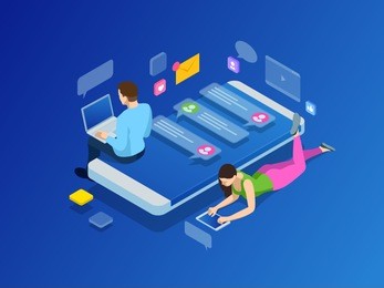isometric concept of friends teenagers with smartphone, computer or laptop chatting on the internet. virtual relationships, online dating and social networking  illustration
