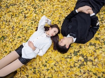 high angle view of couple of chinese young people lying on autumn ground covered with golden ginkgo leaves, full of love,  looking each other, lover concept.
