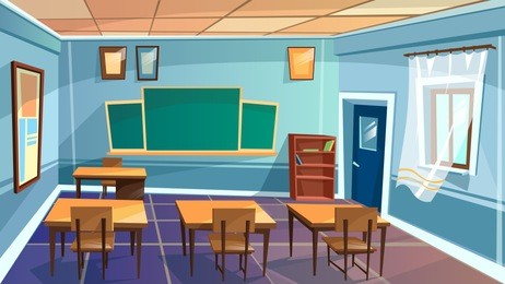 vector cartoon empty elementary high school, college, university classroom background. illustration room interior indoor objects - open window desk table chalkboard chair. learning, education backdrop