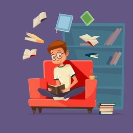 vector cartoon young man reader, male student character sitting in glasses at armchair reading textbook with books flying around. cozy home background bookshelf. education, learning concept