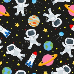 seamless pattern on the theme of space and space travel , color icons on dark background